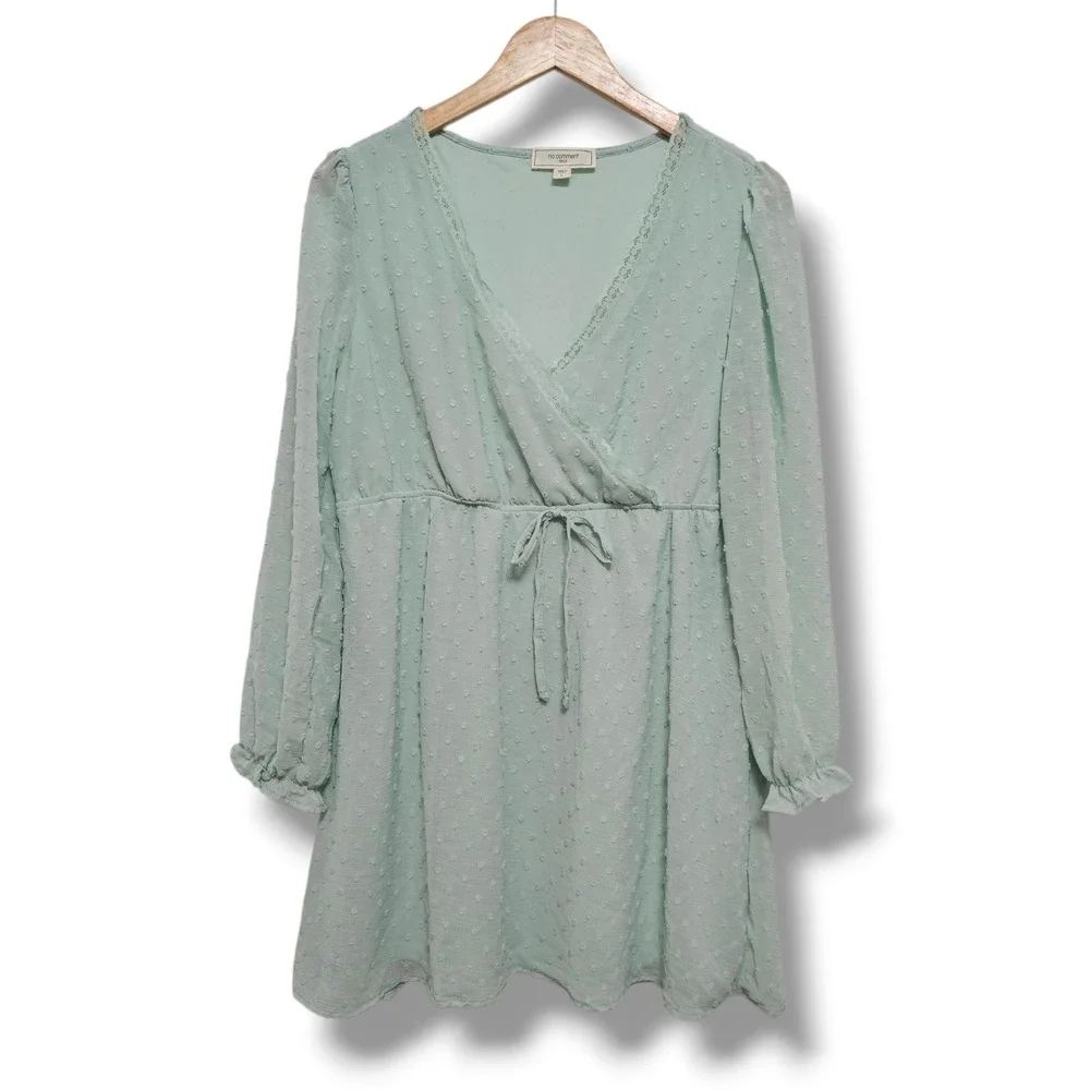 Sage Green Faux Wrap Mini‎ Dress L Swiss Dot Ruffle Fairy Softgirl Cottage NEW